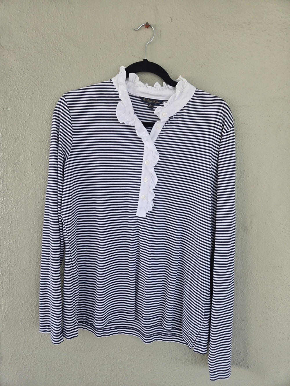 Brooks Brothers Navy & White Striped Ruffle-Trim Long Sleeve Top